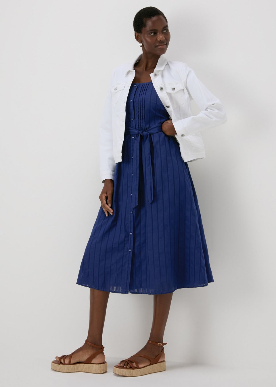 Navy Dobby Stripe Pintuck Midi Dress