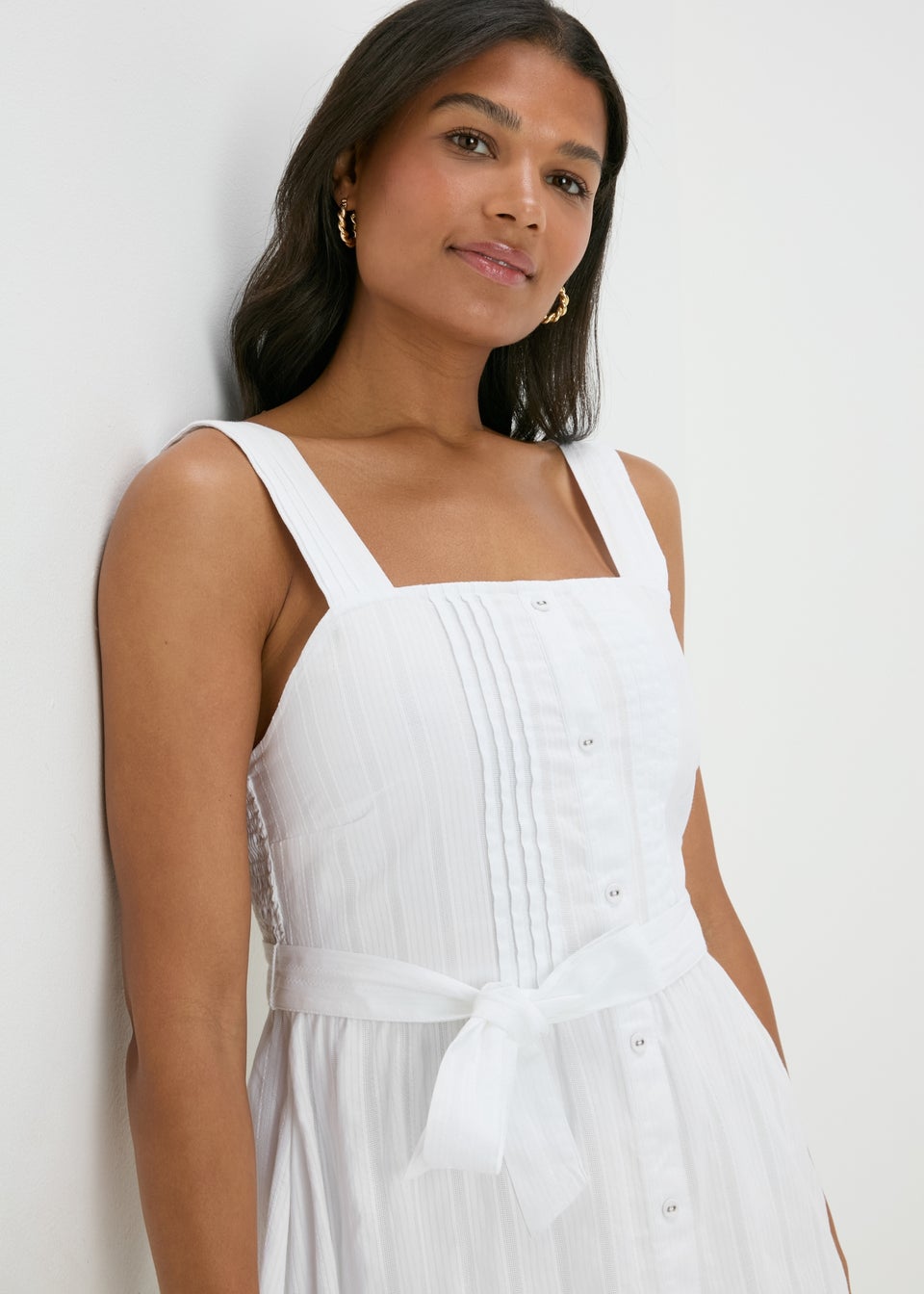 White Dobby Stripe Button Front Midi Dress Matalan