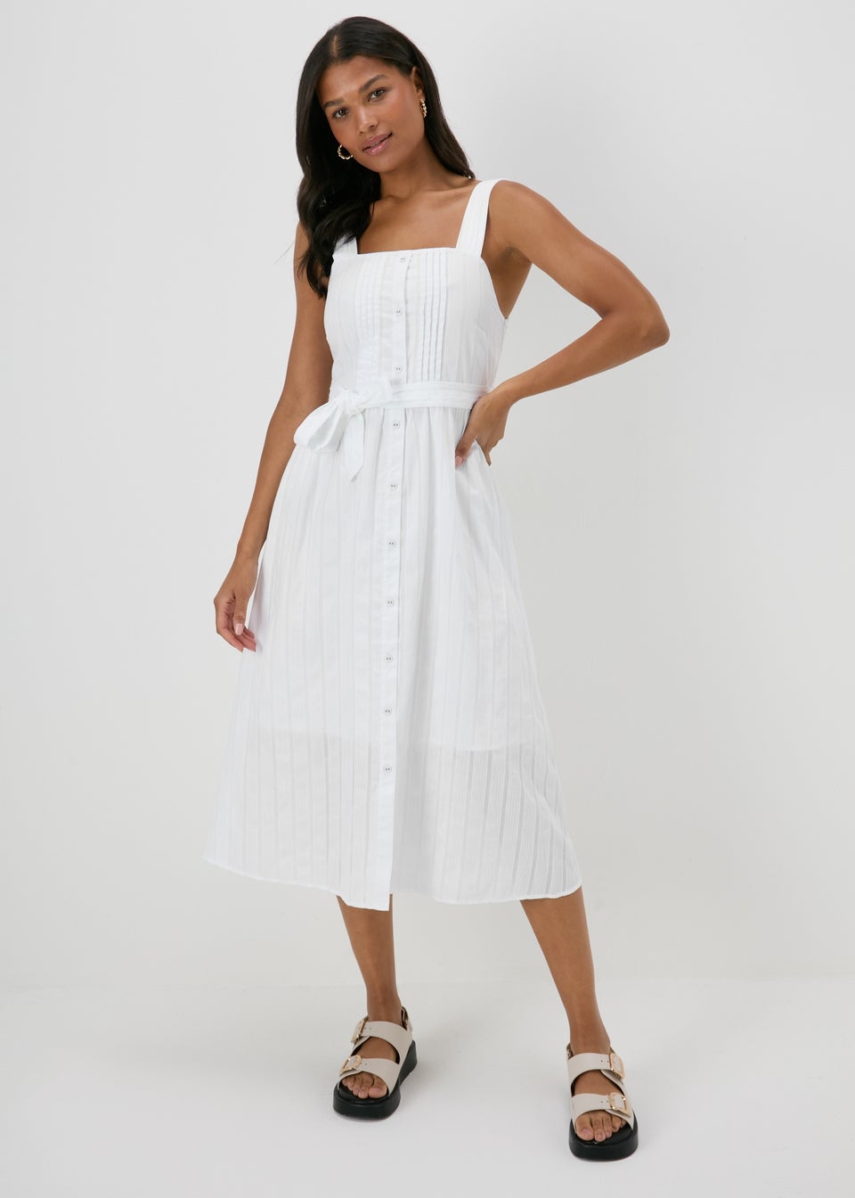 White Dobby Stripe Button Front Midi Dress Matalan