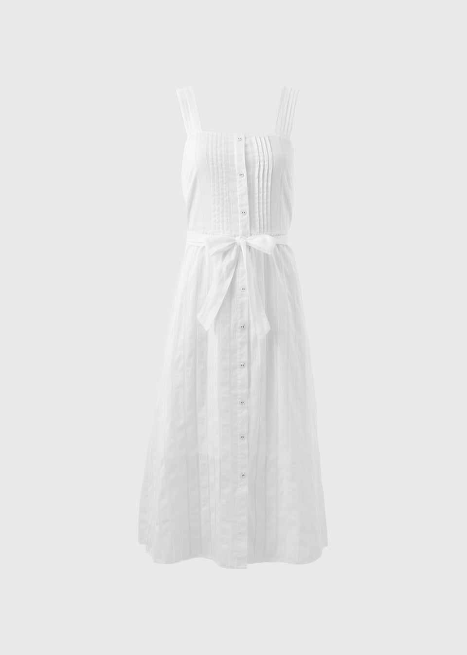 White Dobby Stripe Button Front Midi Dress