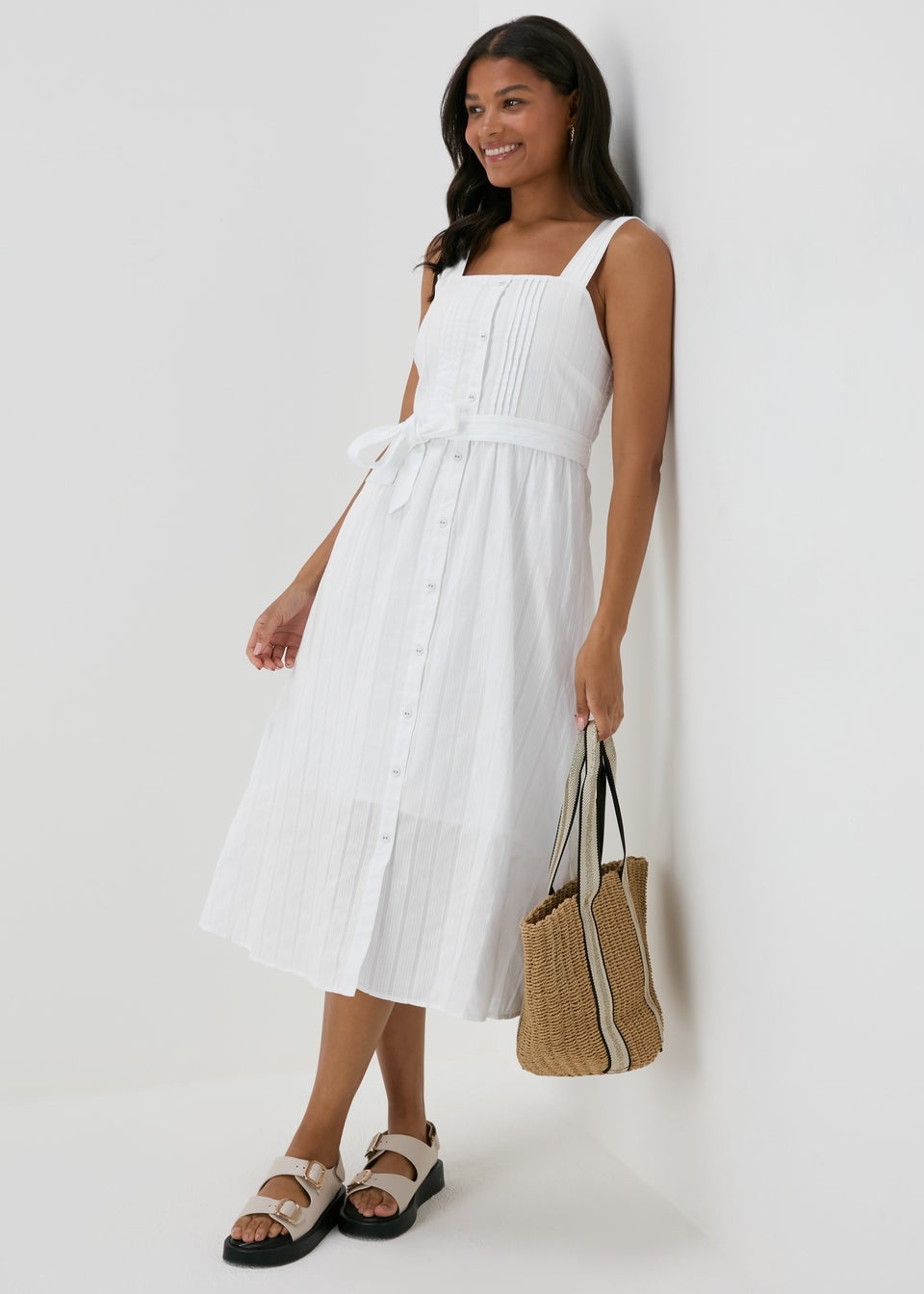 Button front midi dress white outlet