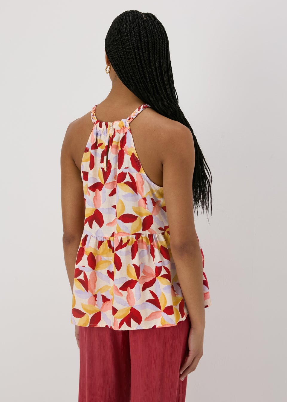 Multicolour Leaf Print Plaited Neck Cami Top