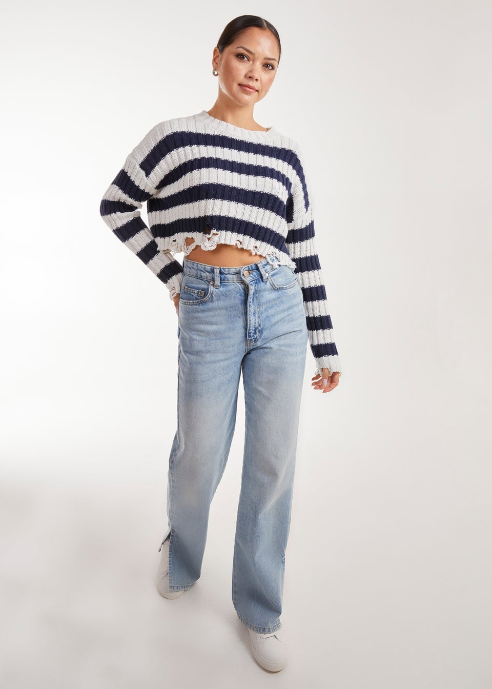 Pink Vanilla Distressed Striped Navy Crop Knit Jumper