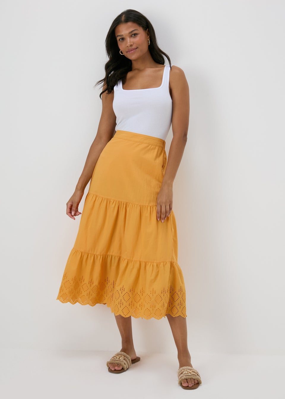 Papaya Orange Embroidered Hem Maxi Skirt