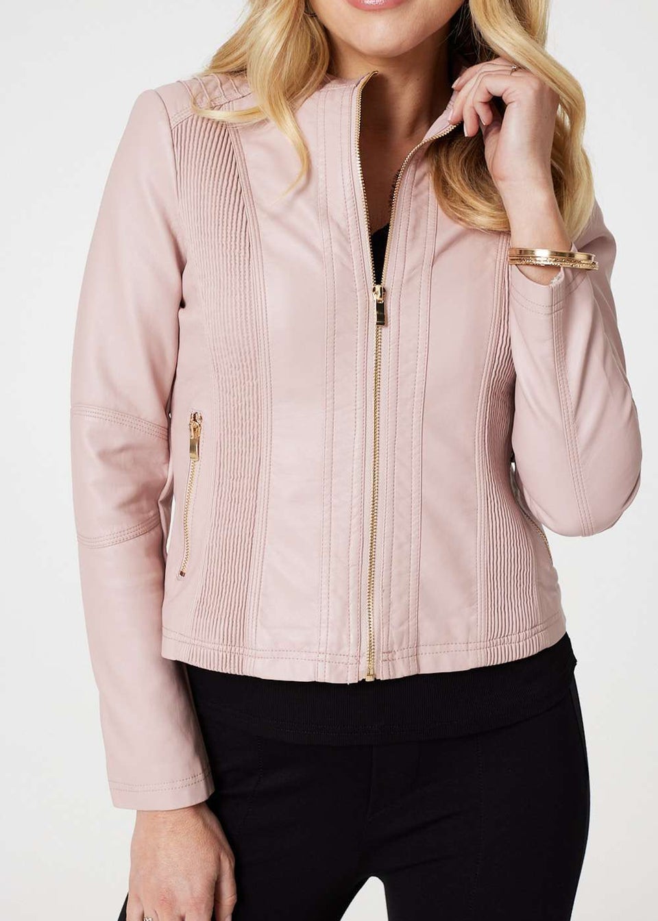 Izabel London Pink Zip Front Faux Leather Jacket