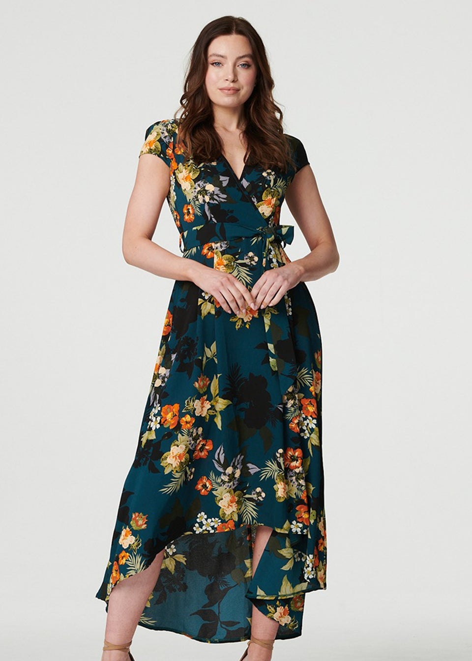 Izabel London Teal Floral High Low Wrap Maxi Dress