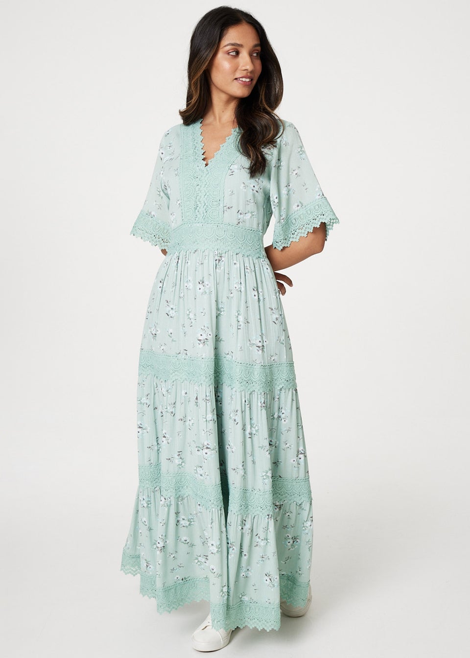 Izabel London Soft Green Floral Lace Tiered Maxi Dress