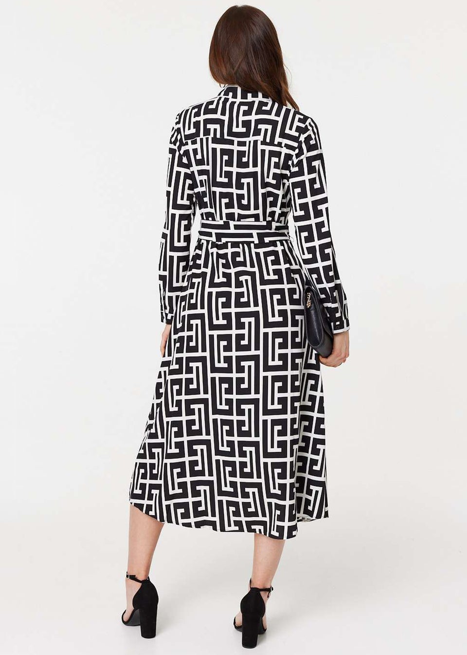Izabel London Black Printed Tie Waist Midi Shirt Dress