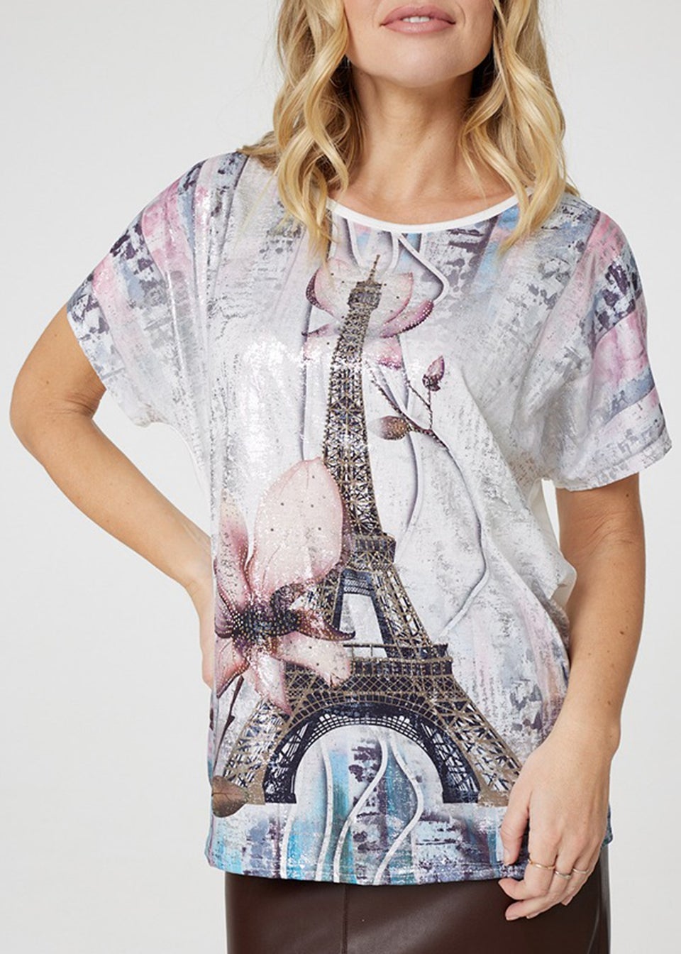 Izabel London White Metallic Eiffel Tower Logo Top