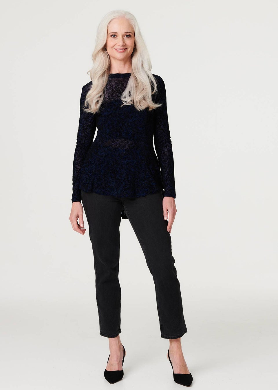 Izabel London Sheer Lace Long Sleeve Peplum Top