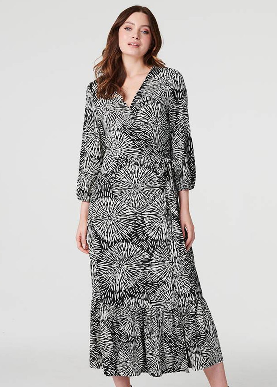 Izabel London Black Printed Midi Wrap Dress