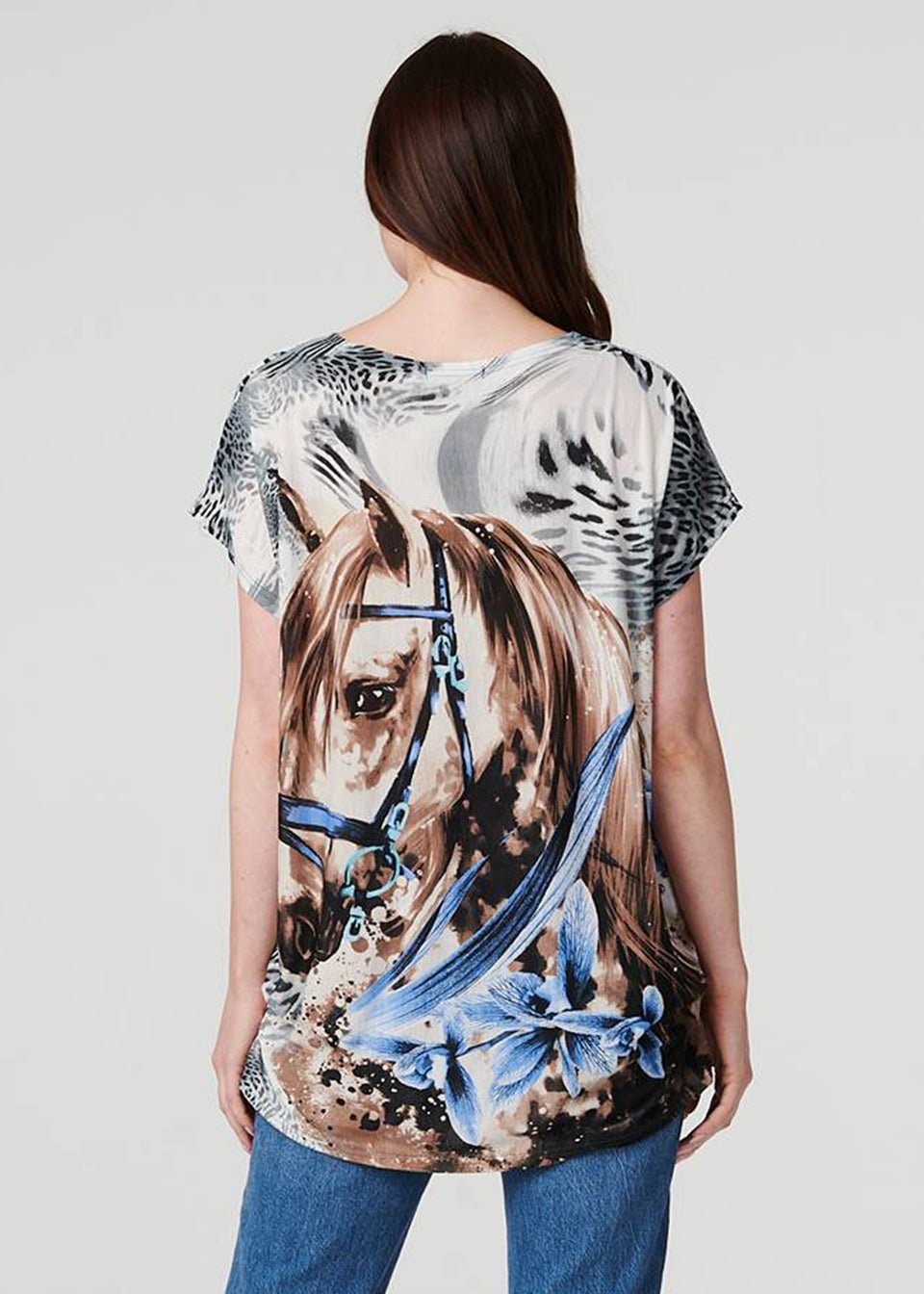 Izabel London Grey Embellished Horse Print T-Shirt