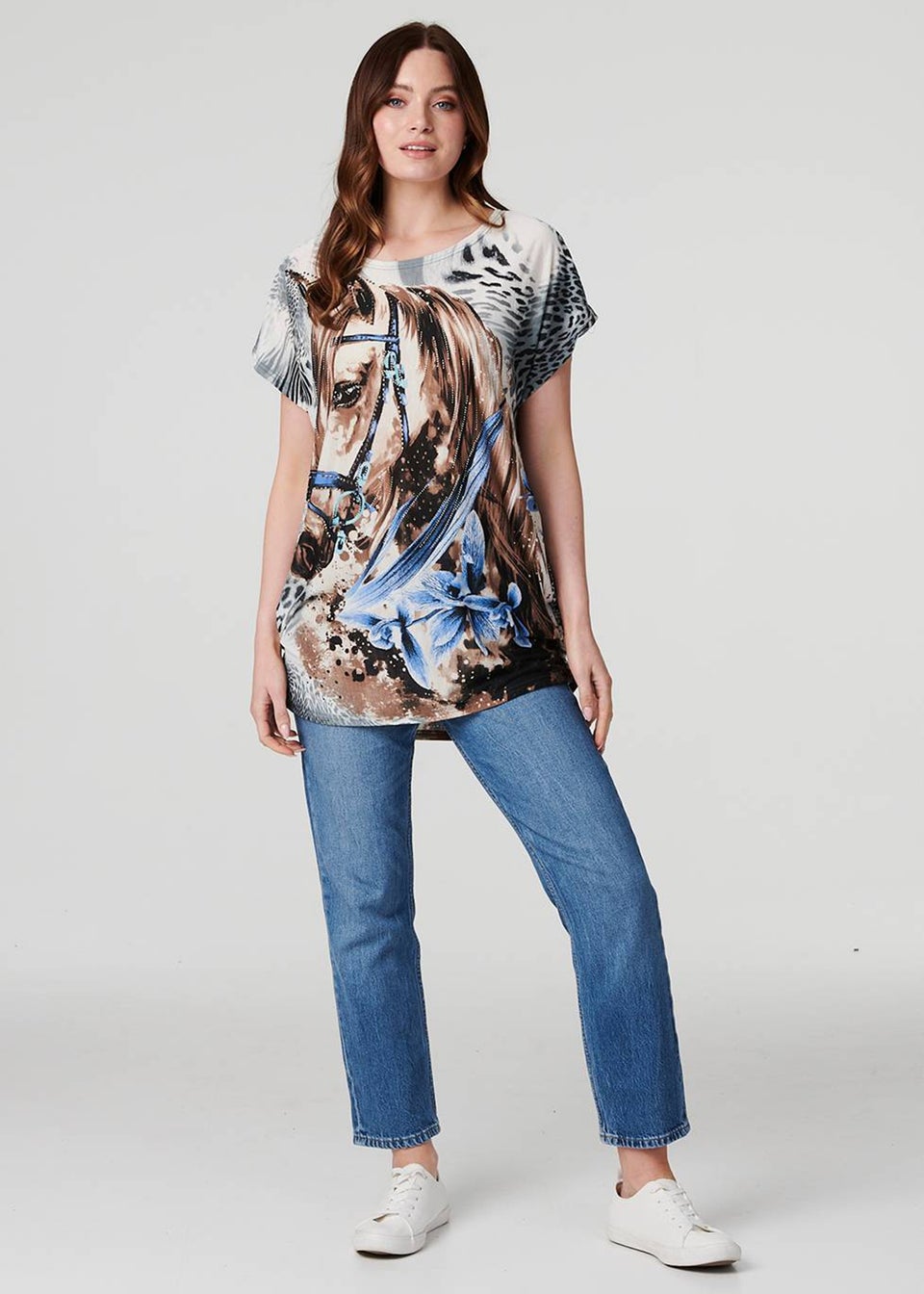 Izabel London Grey Embellished Horse Print T-Shirt