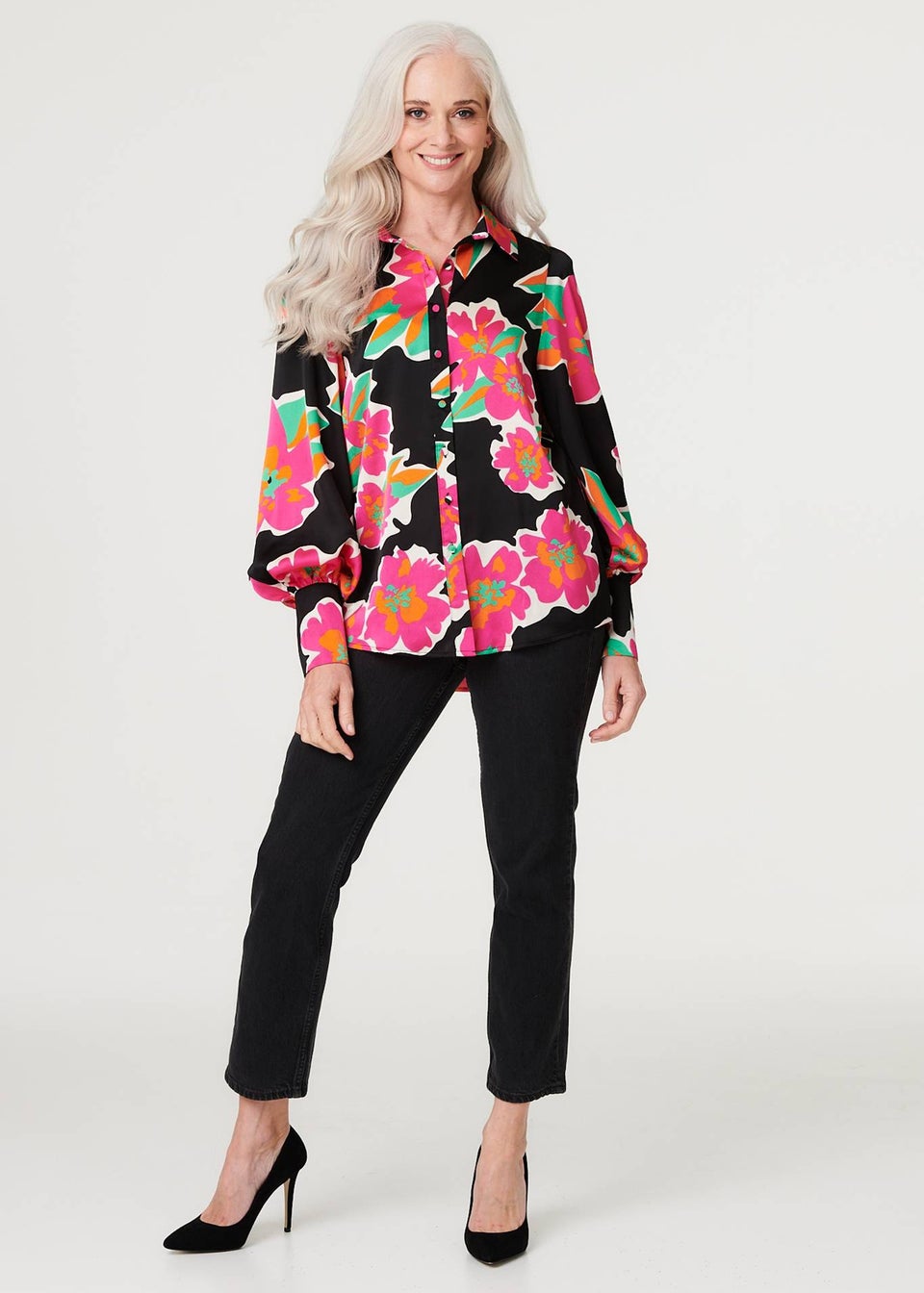 Izabel London Black Floral Long Puff Sleeve Blouse