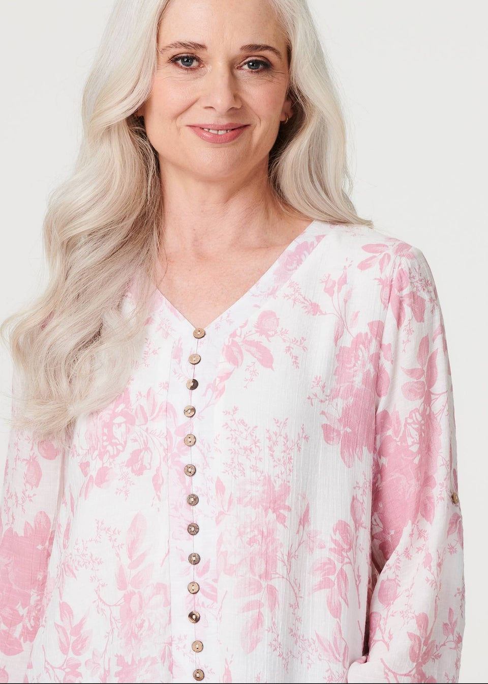 Izabel London Pink Floral Button Front V-Neck Blouse