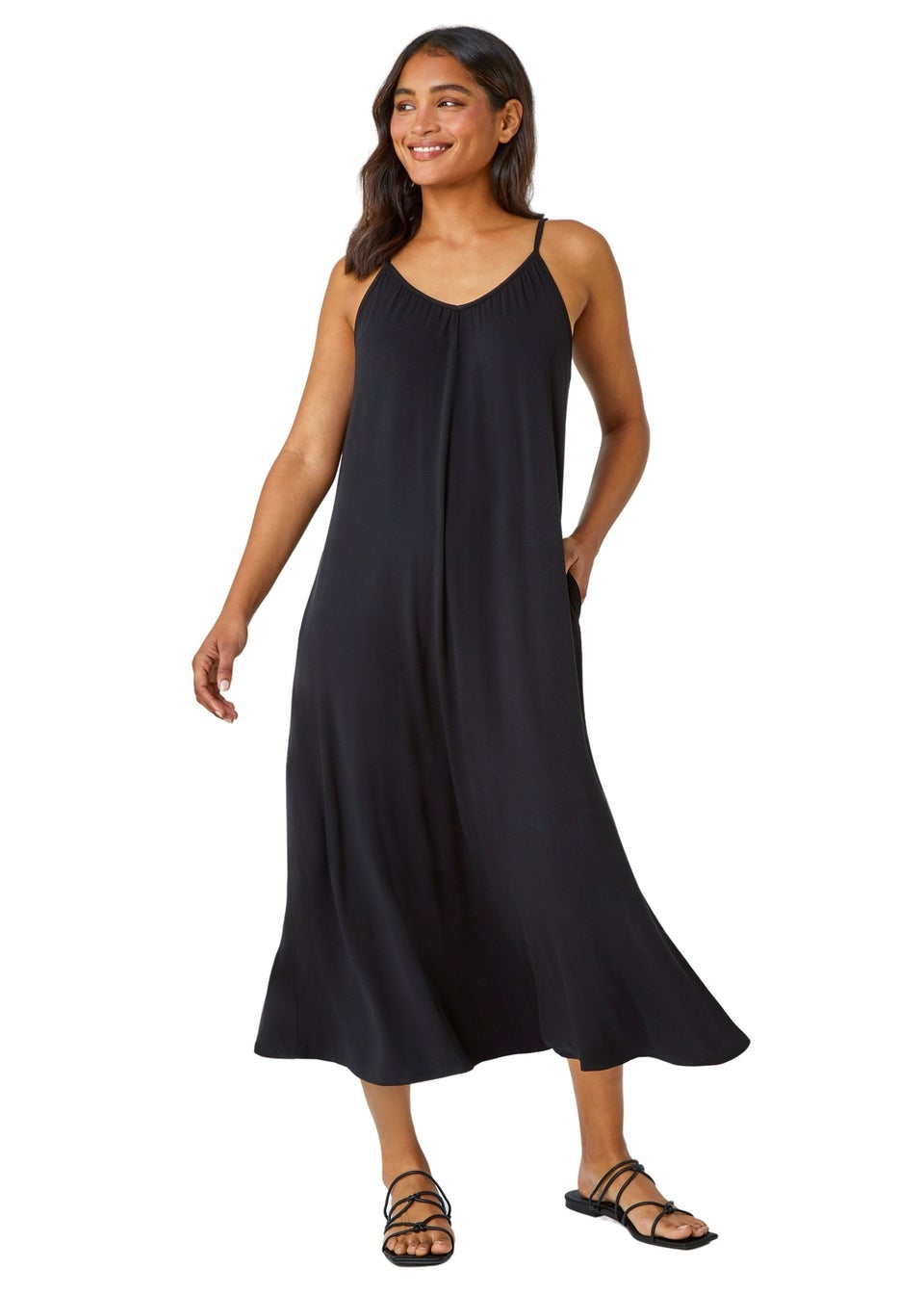 Roman Black Plain Stretch Jersey Pocket Midi Dress