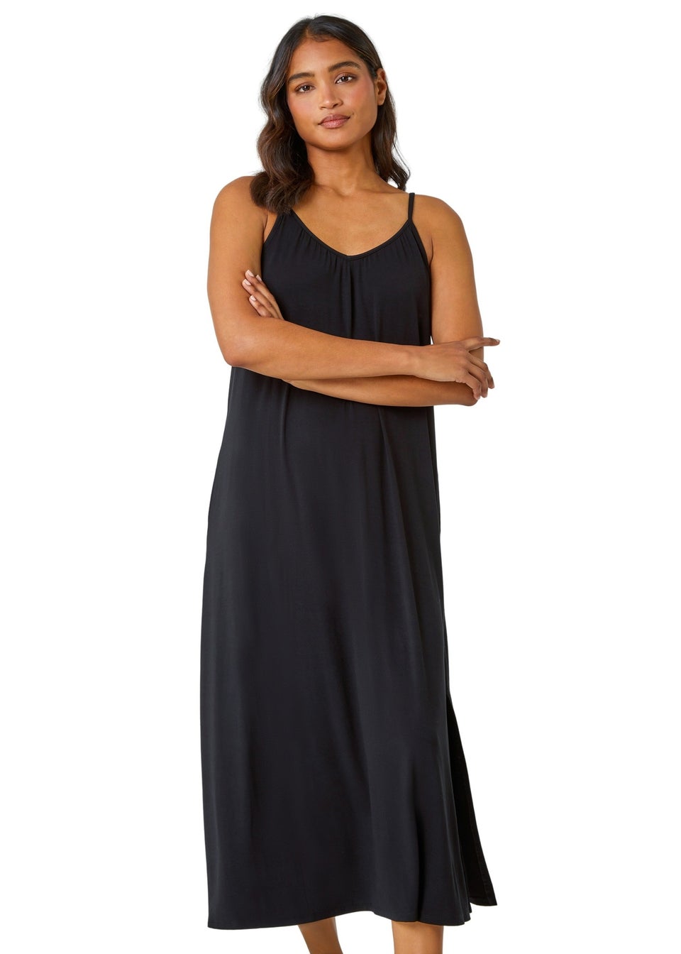 Roman Black Plain Stretch Jersey Pocket Midi Dress