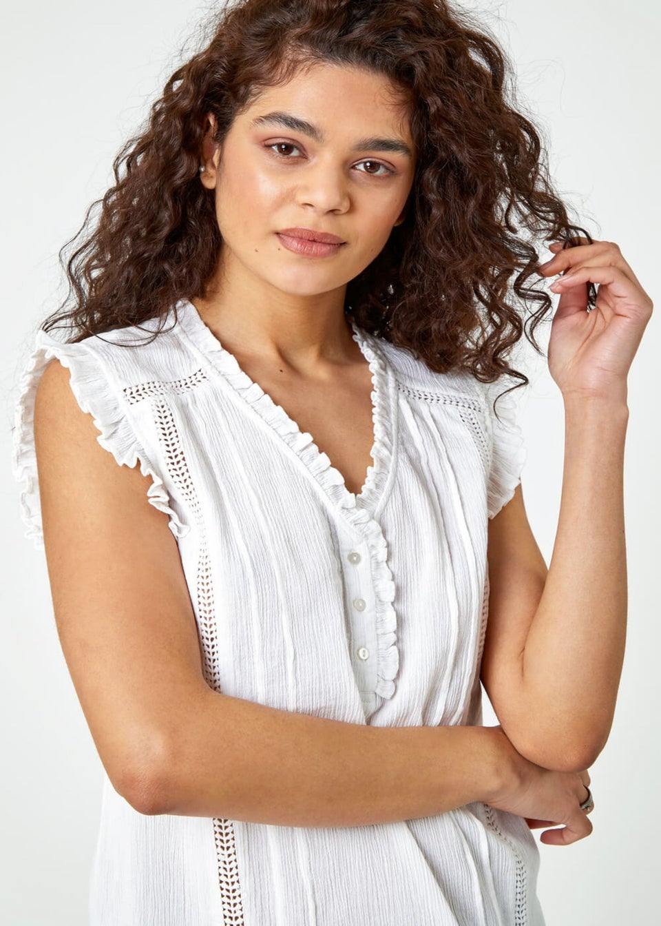 Roman Ivory Ruffle Detail Cotton Crinkle Top