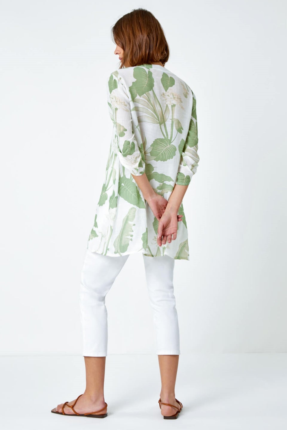 Roman Green Palm Print V-Neck Wrap Hem Tunic Top