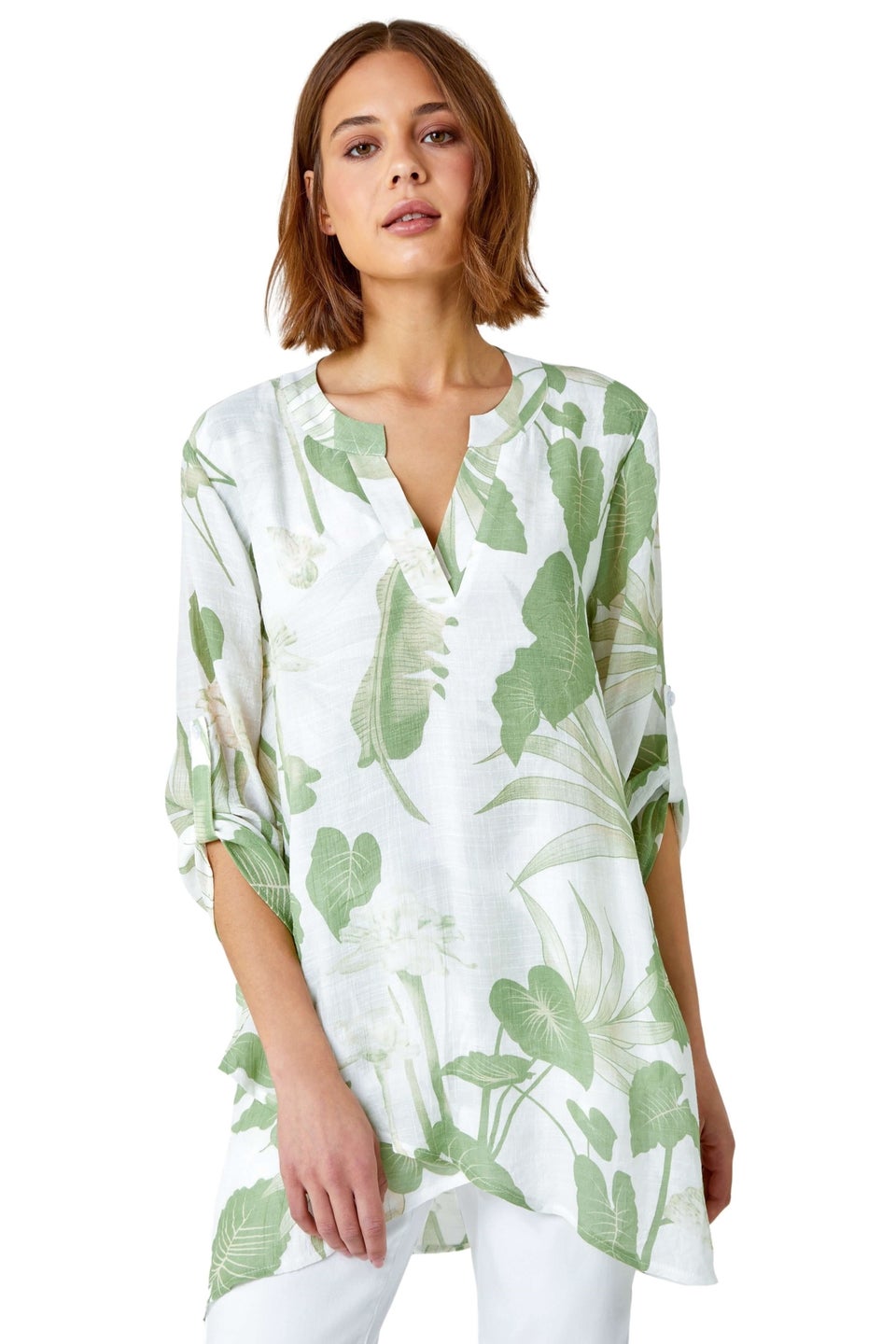 Roman Green Palm Print V-Neck Wrap Hem Tunic Top