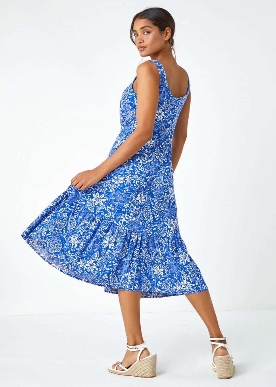 Roman Royal Blue Floral Frill Hem Stretch Midi Dress - Matalan