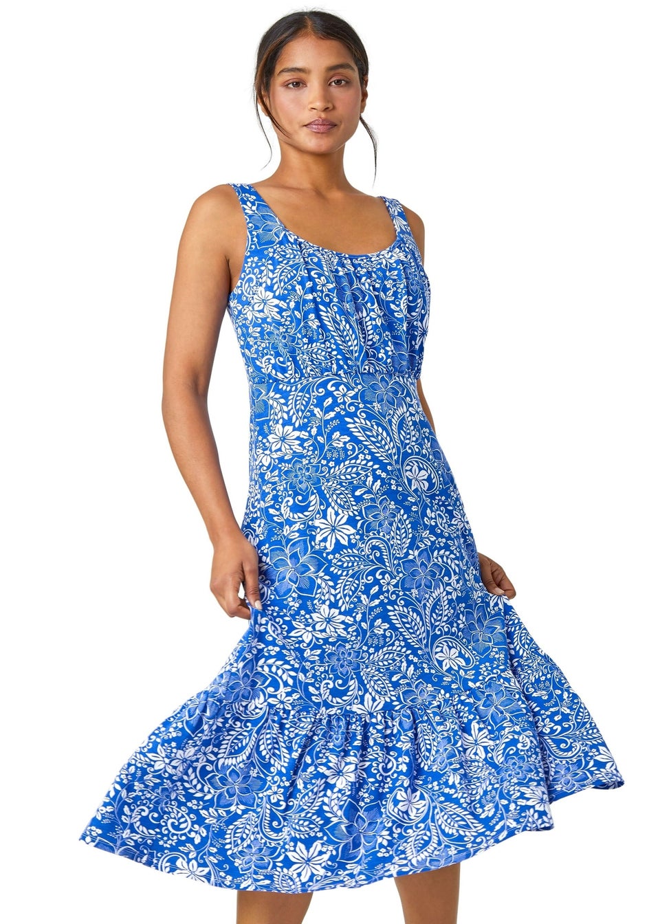 Roman Royal Blue Floral Frill Hem Stretch Midi Dress