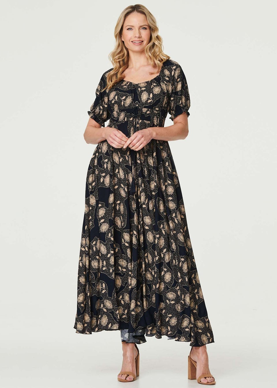 Izabel London Navy Printed Shirred Waist Maxi Dress