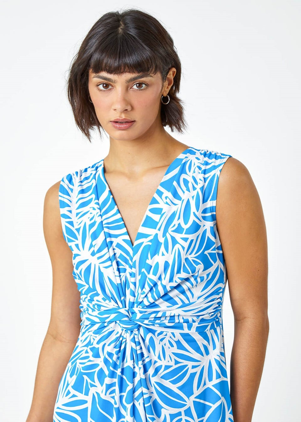 Roman Blue Floral Print Twist Front Maxi Dress