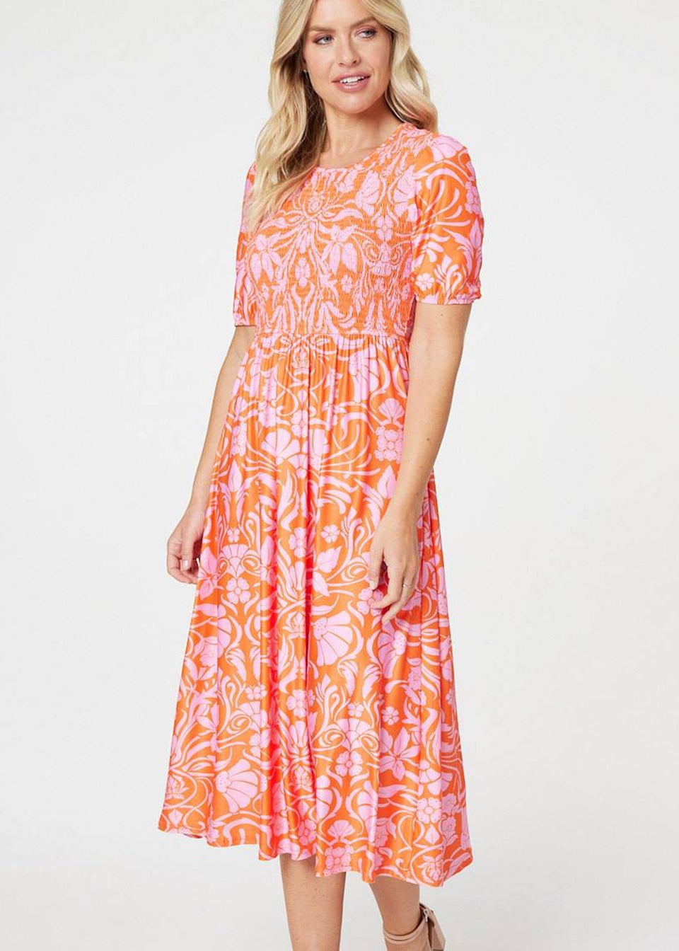 Izabel London Orange Floral Smocked Detail Midi Dress