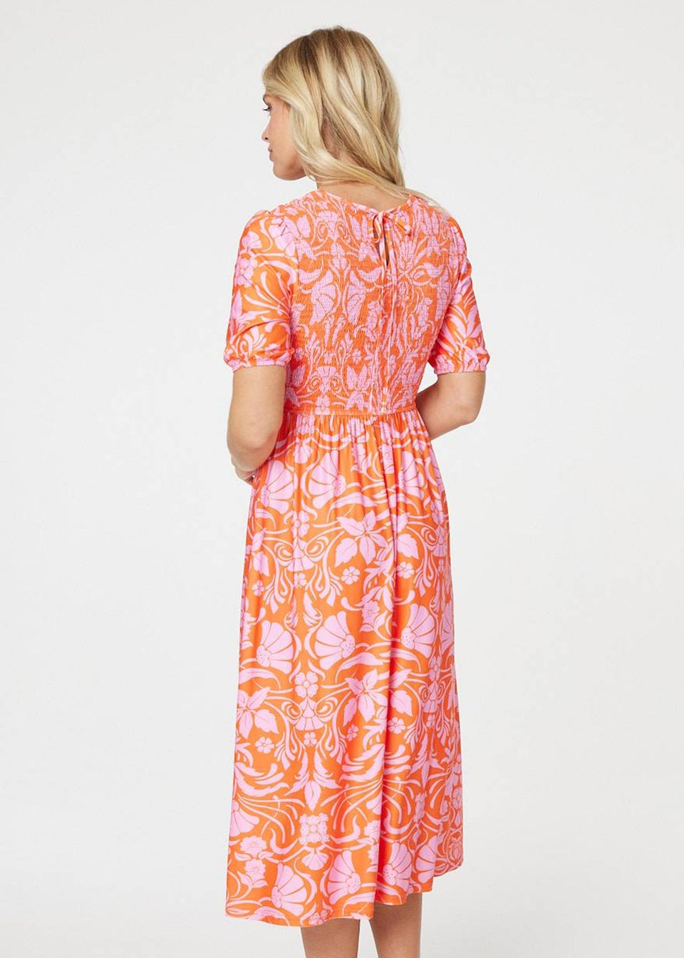 Izabel London Orange Floral Smocked Detail Midi Dress