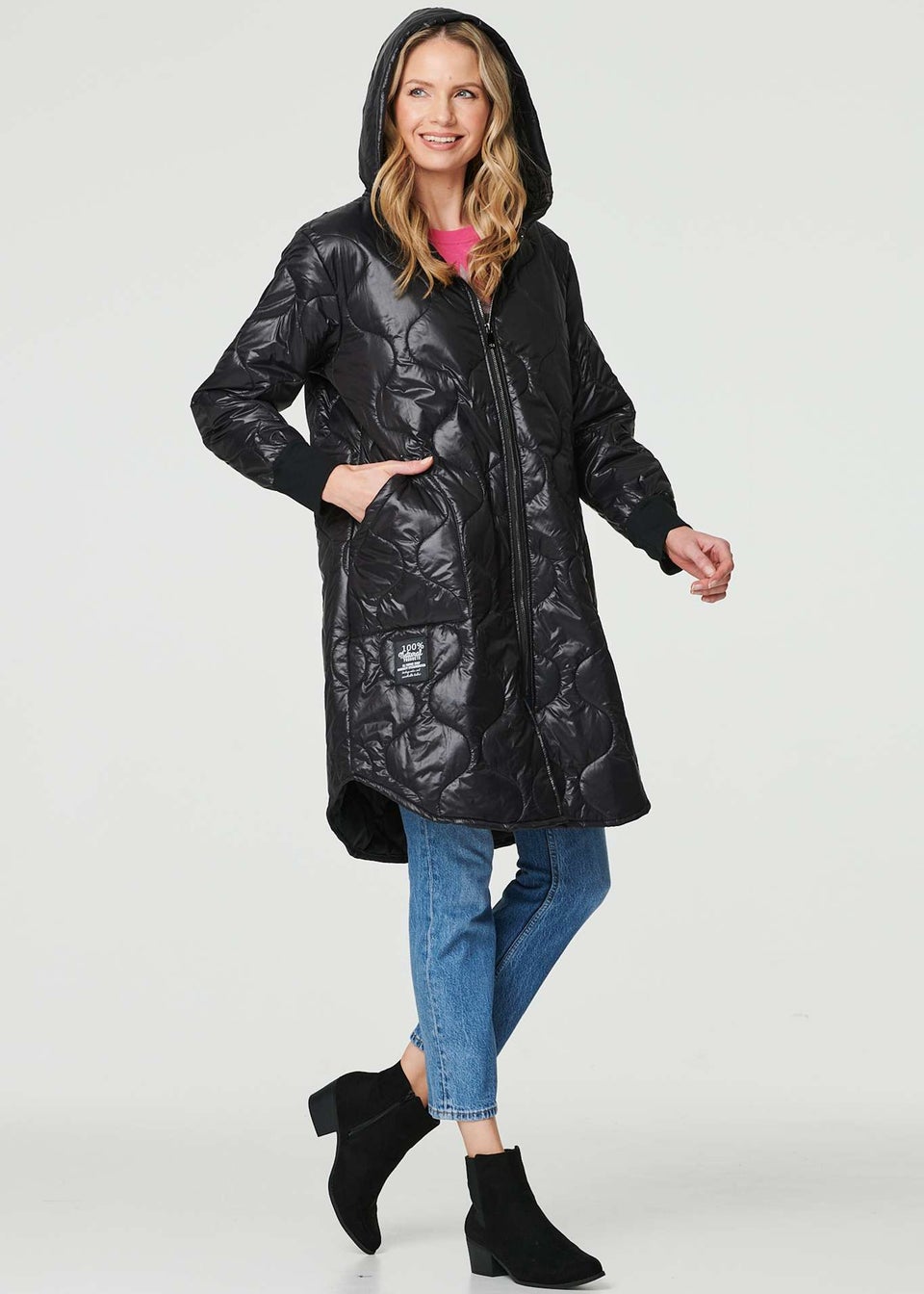 Izabel London Black Hooded Zip Front Puffer Coat