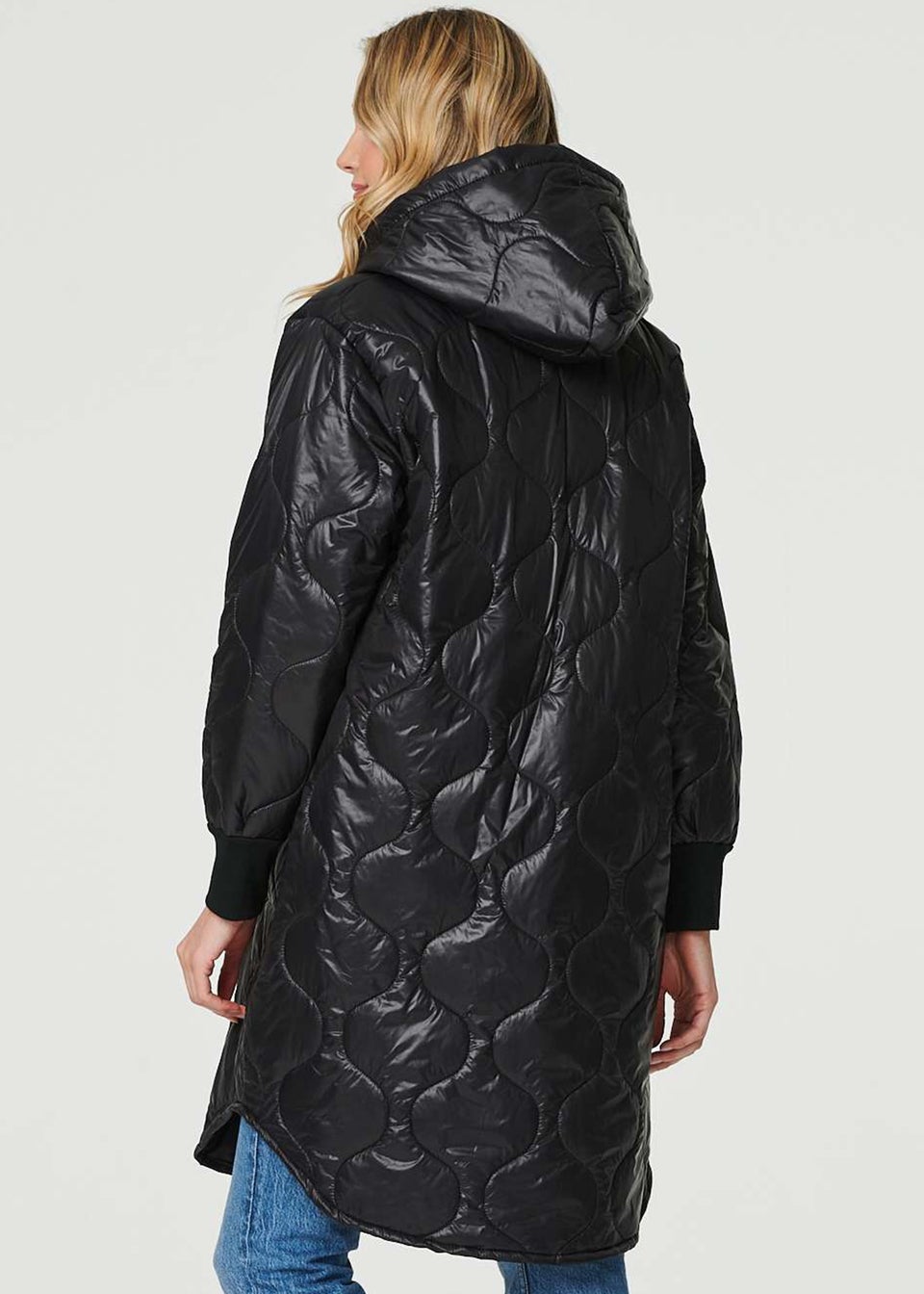 Izabel London Black Hooded Zip Front Puffer Coat