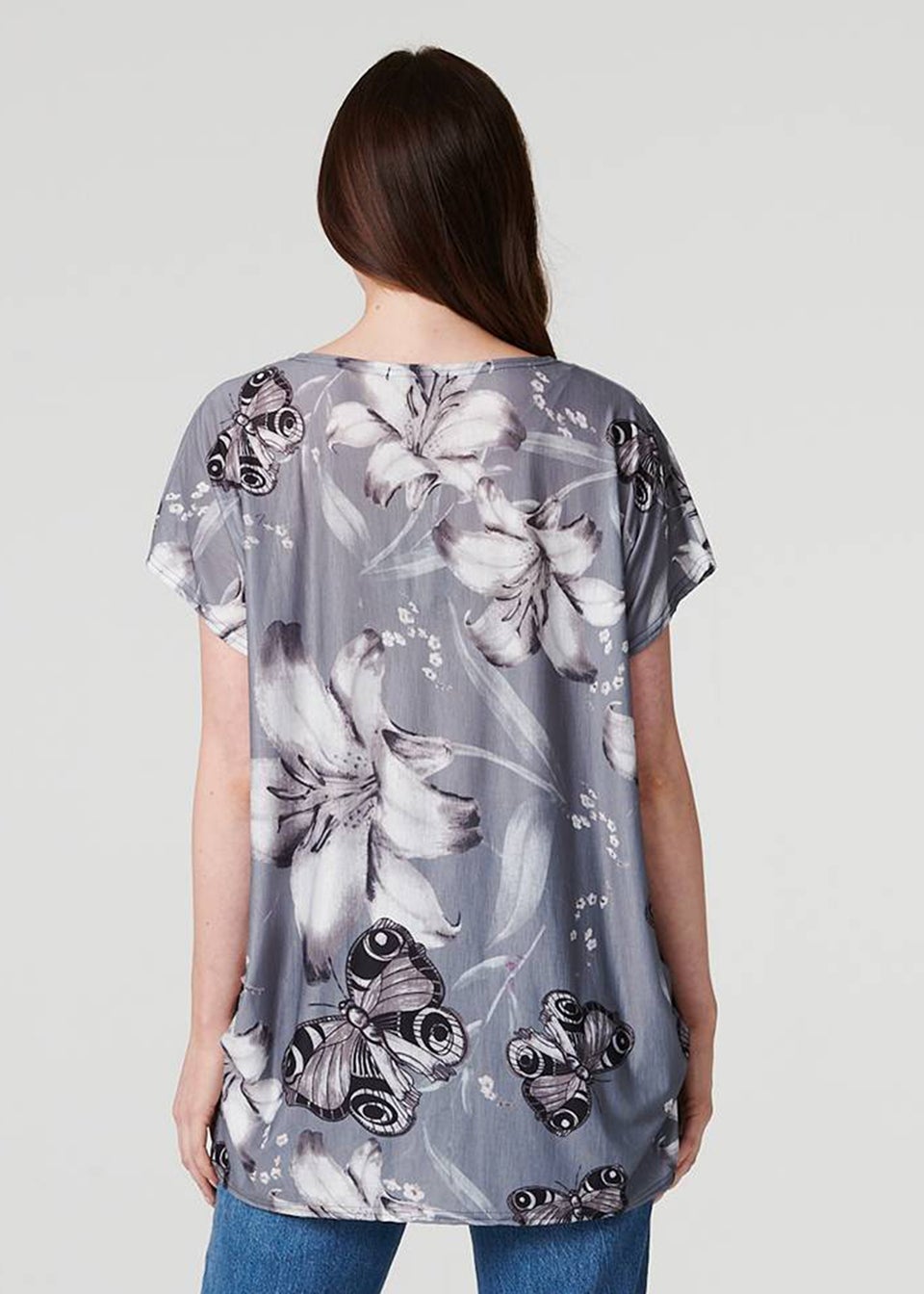 Izabel London Grey Floral Butterfly Print T-Shirt