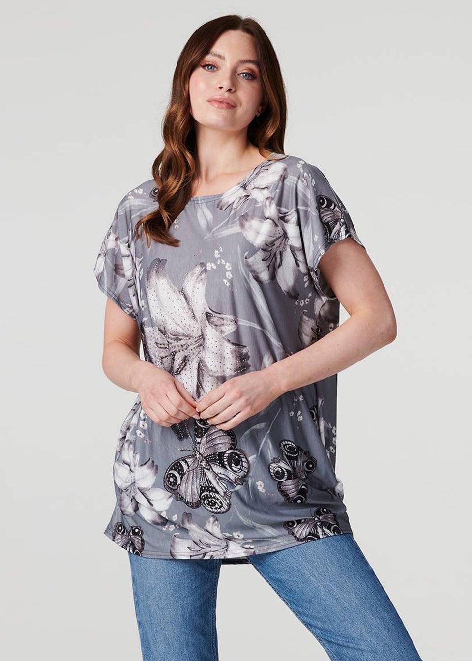 Izabel London Grey Floral Butterfly Print T-Shirt