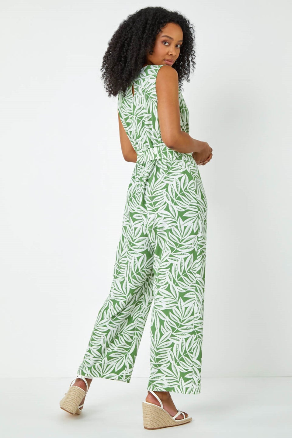 Roman Khaki Petite Leaf Print Wrap Jumpsuit
