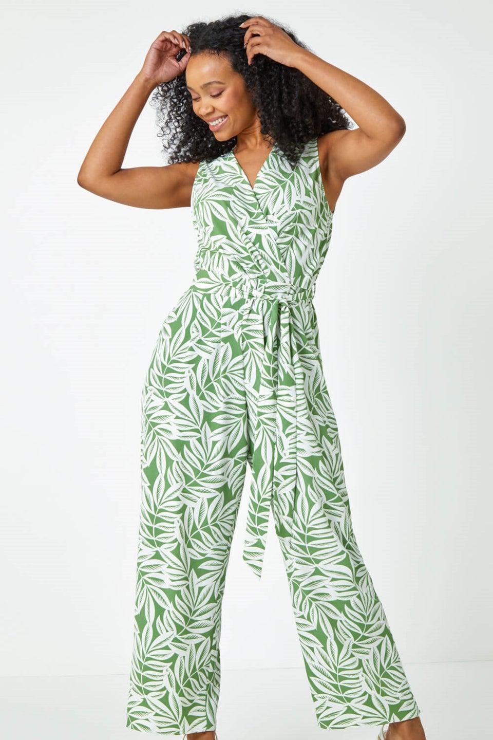 Roman Khaki Petite Leaf Print Wrap Jumpsuit