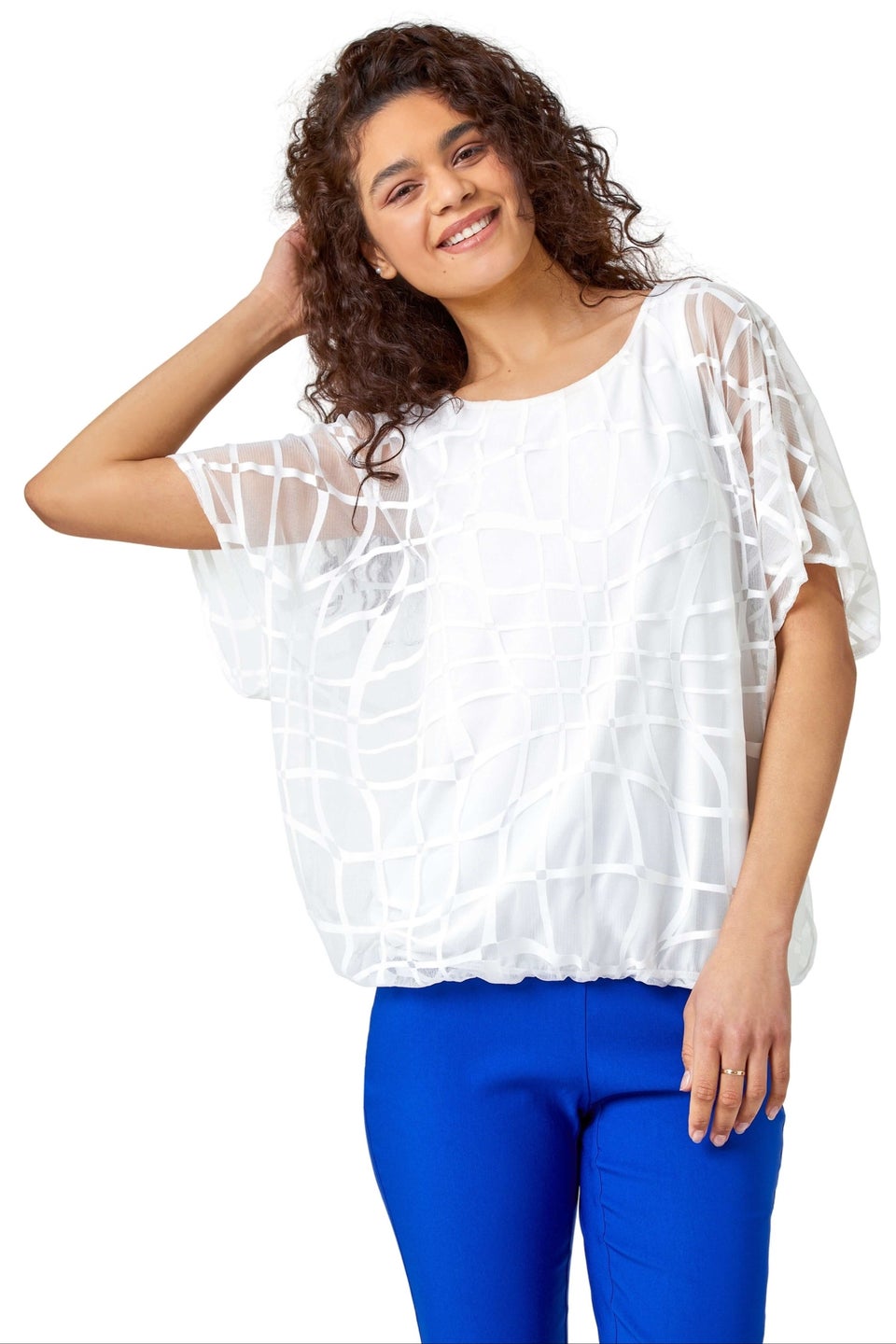 Roman Ivory Abstract Check Print Chiffon Blouson Top