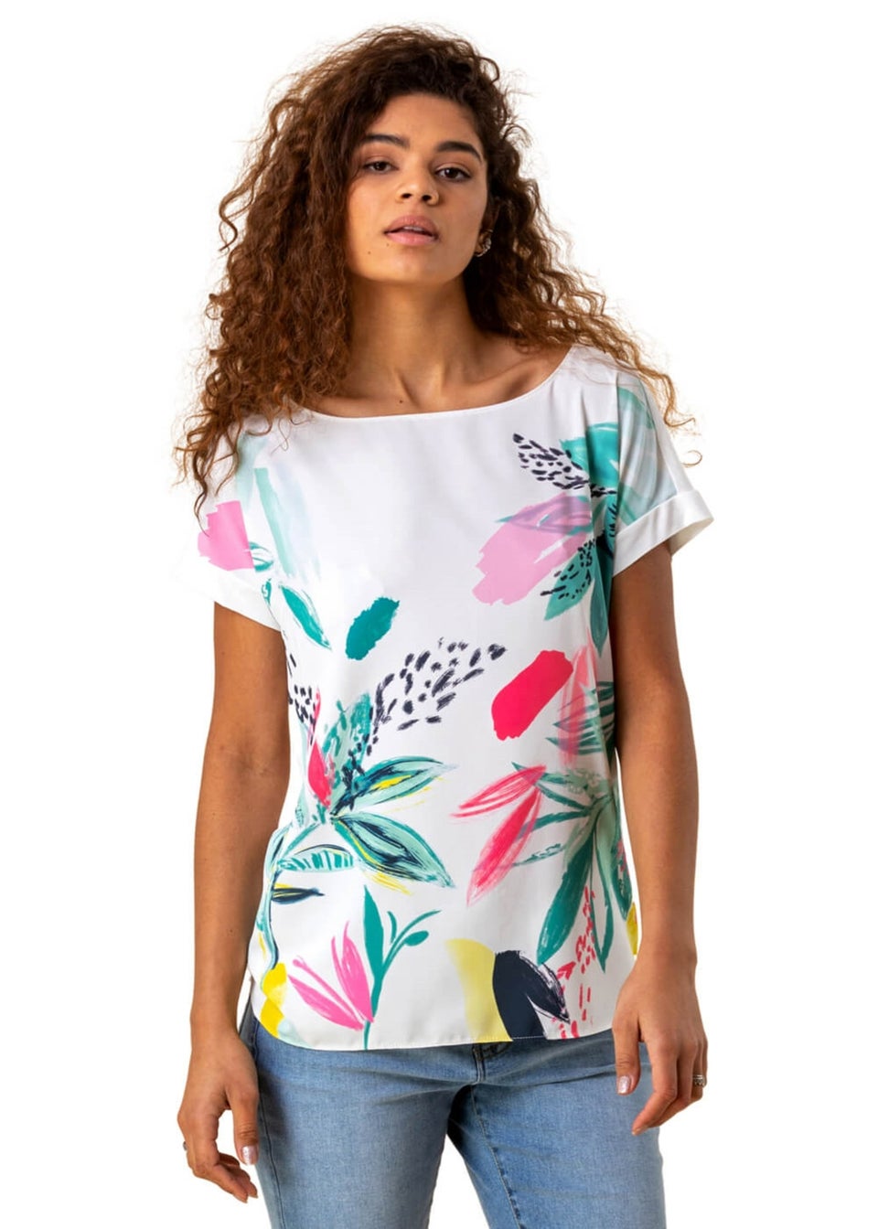 Roman Multi Abstract Leaf Print Stretch T-Shirt