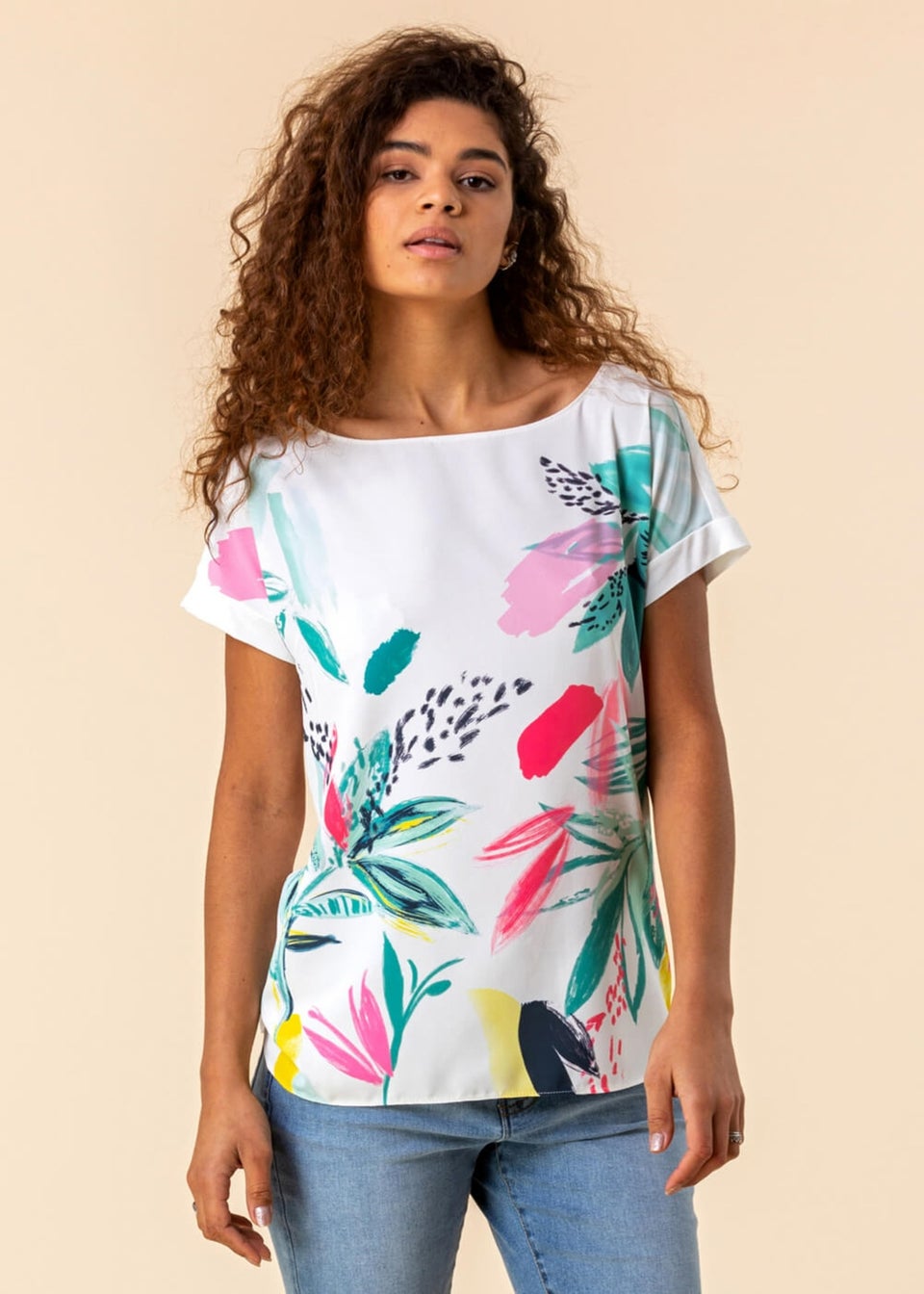 Roman Multi Abstract Leaf Print Stretch T-Shirt