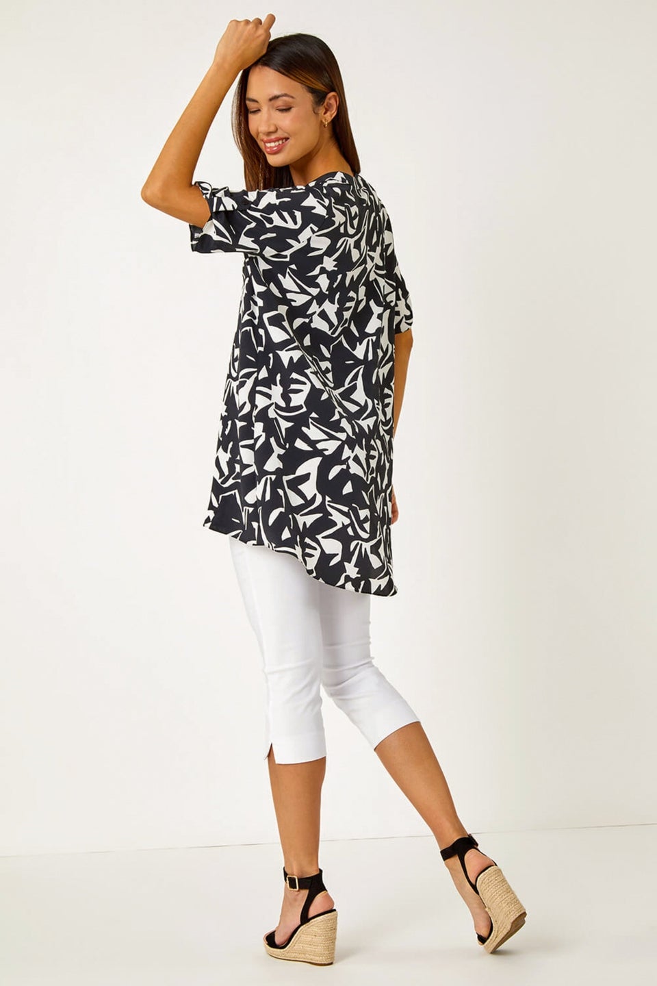 Roman Black Abstract Print Dipped Hem Shirt