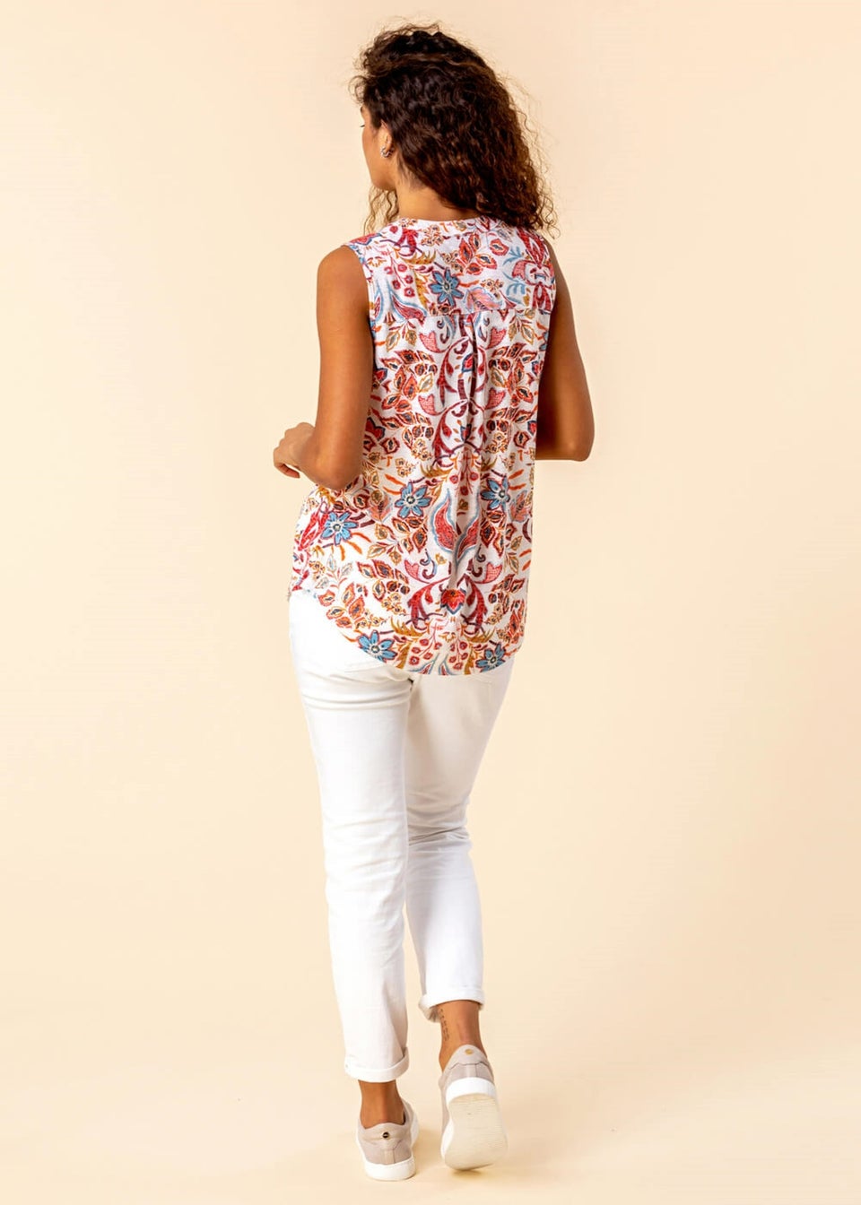 Roman Red Paisley Floral Print Sleeveless Top