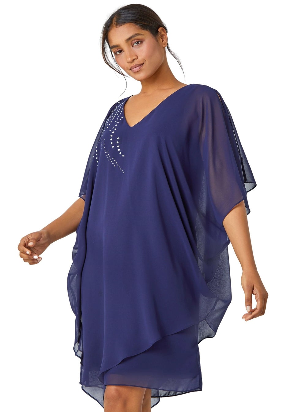 Roman Navy Embellished Cold Shoulder Overlay Dress