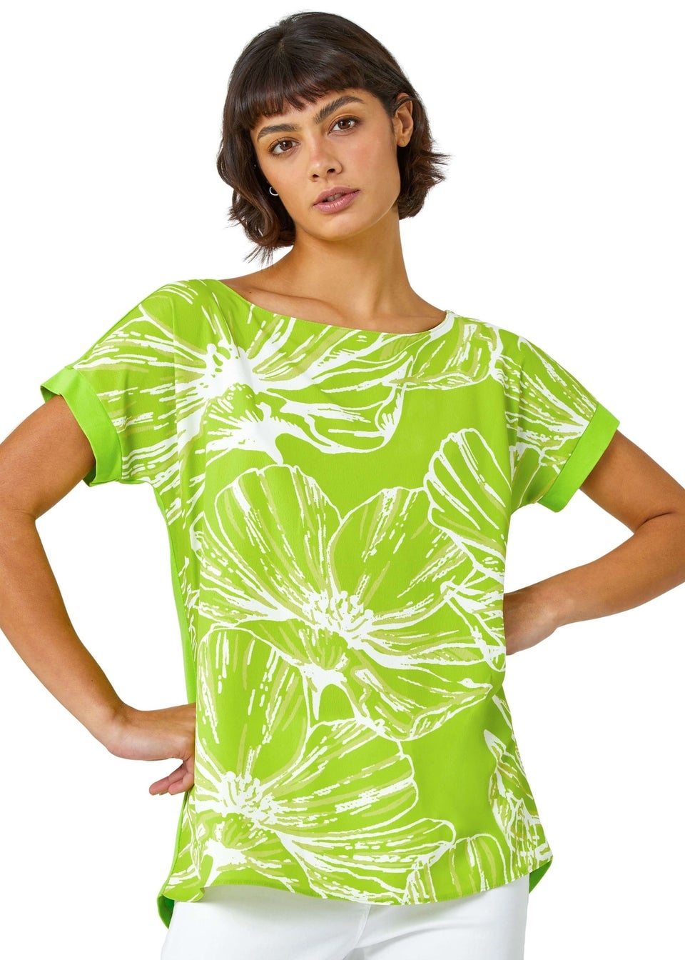 Roman Lime Linear Floral Print Stretch T-Shirt