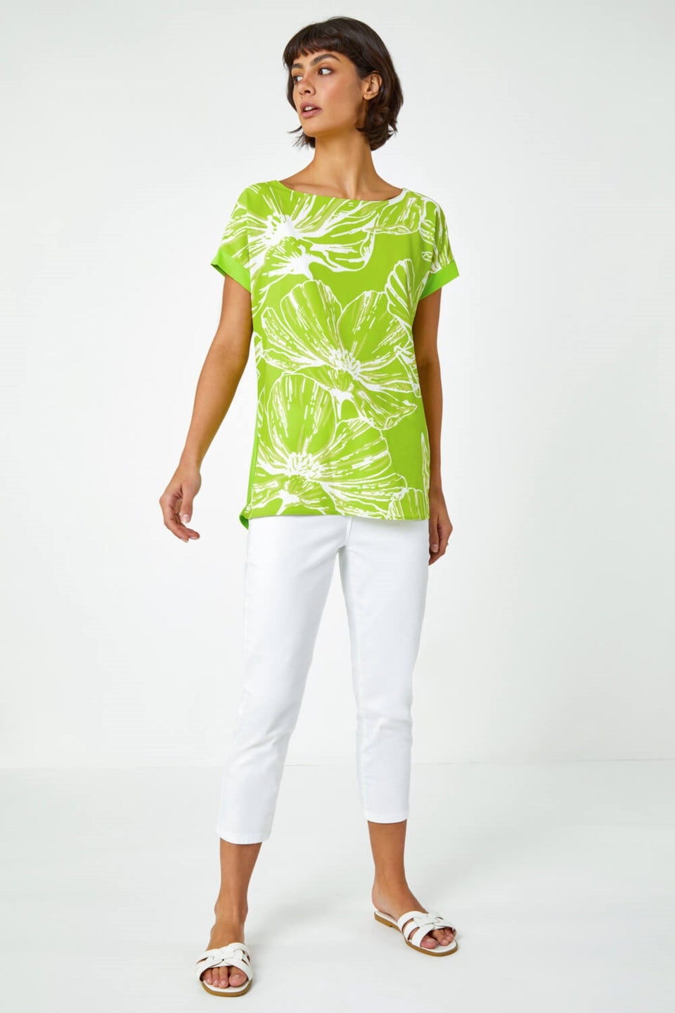 Roman Lime Linear Floral Print Stretch T-Shirt