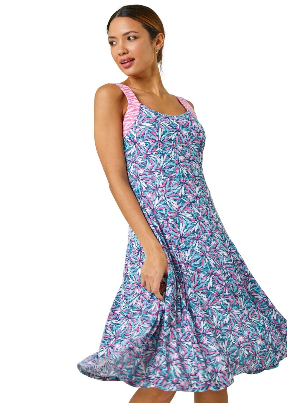 Roman Pink Sleeveless Contrast Floral Print Dress