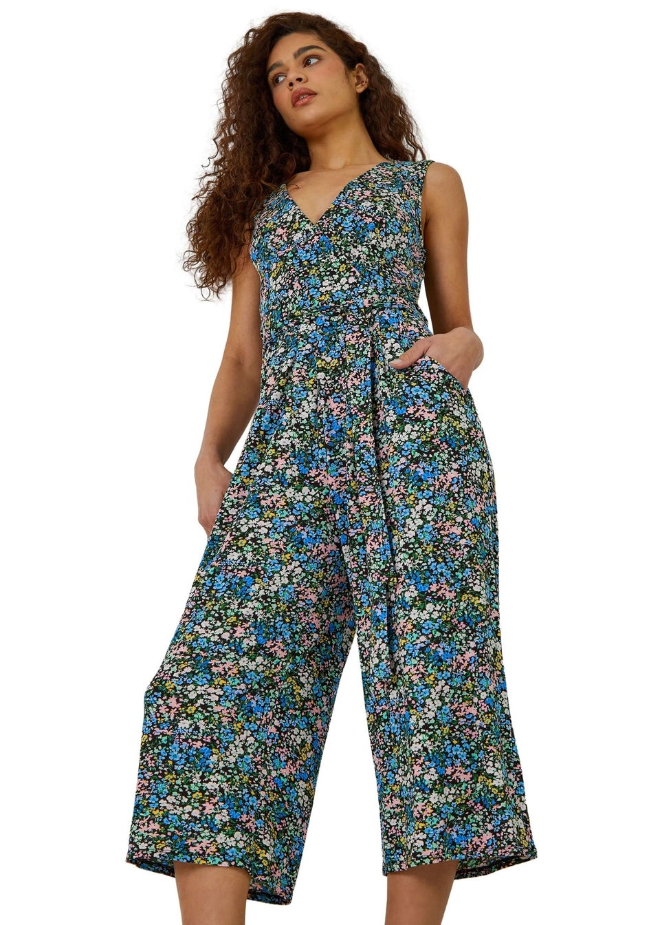 Roman Blue Sleeveless Floral Print Stretch Jumpsuit
