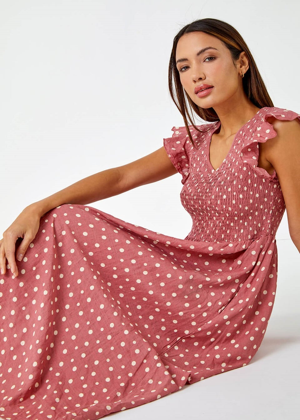 Roman Pink Frill Sleeve Spot Shirred Midi Dress