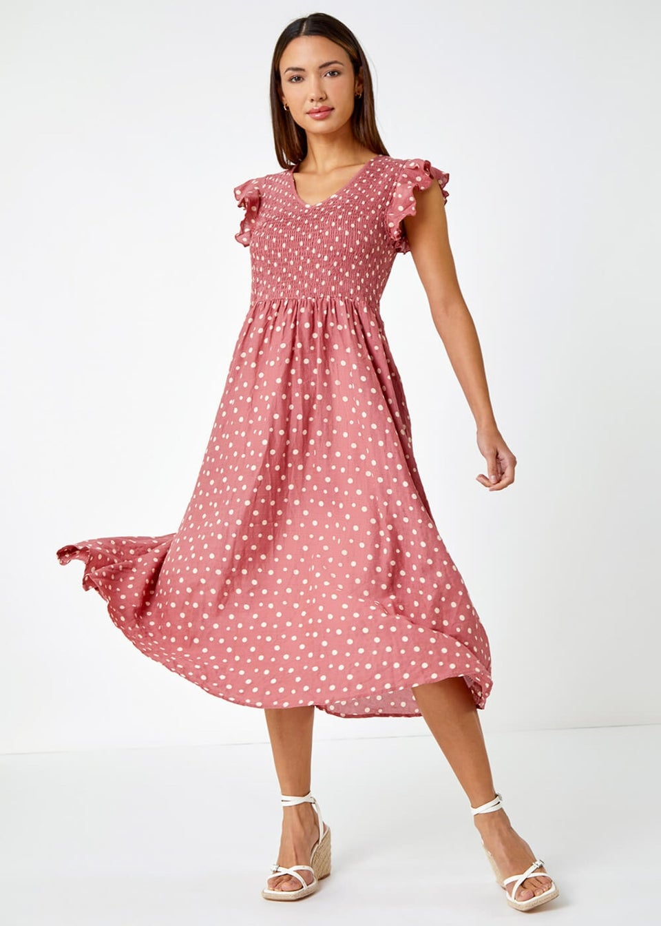 Roman Pink Frill Sleeve Spot Shirred Midi Dress
