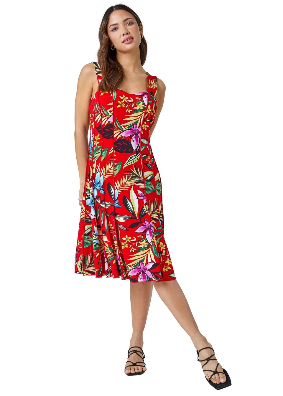 Roman Red Sleeveless Floral Panel Stretch Dress