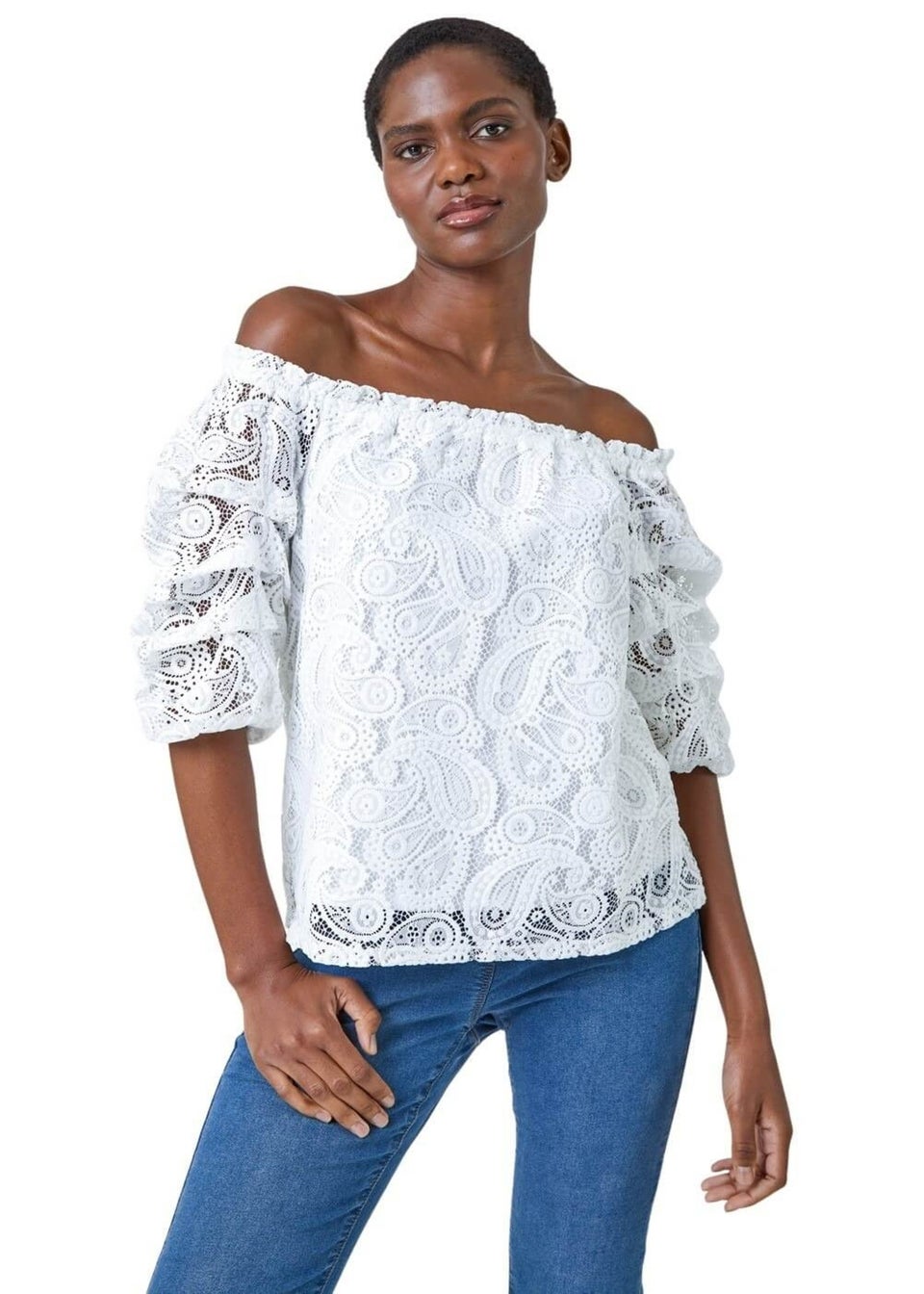 Roman Ivory Paisley Lace Ruched Sleeve Bardot Top
